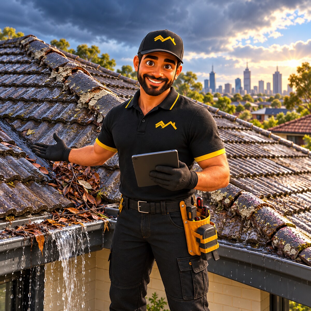 RMS Hero assessing widespread wear and rainwater overflow on an ageing Melbourne tiled roof