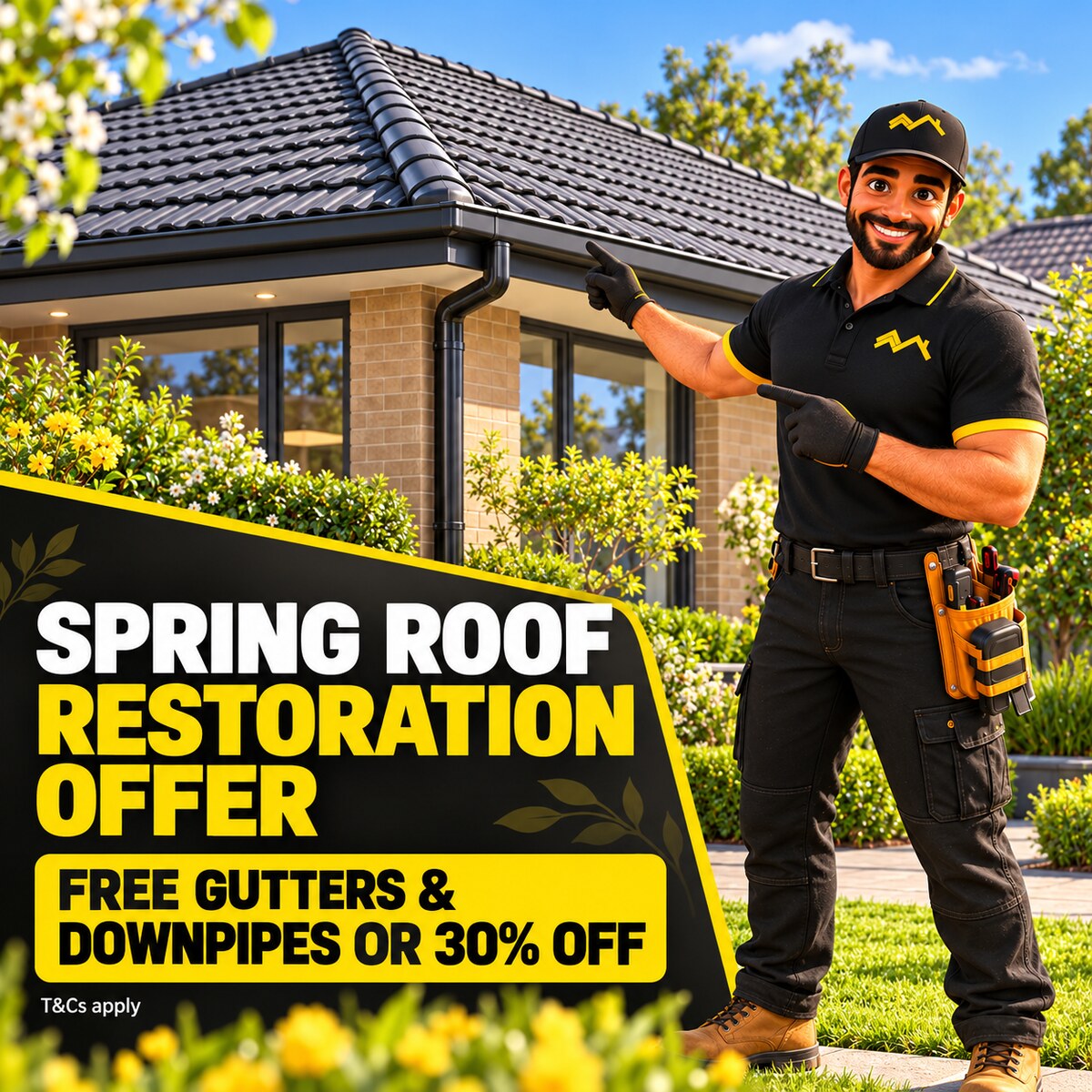 RMS Hero beside a restored Melbourne tiled roof with new black gutters and downpipes promoting the Spring roof restoration offer